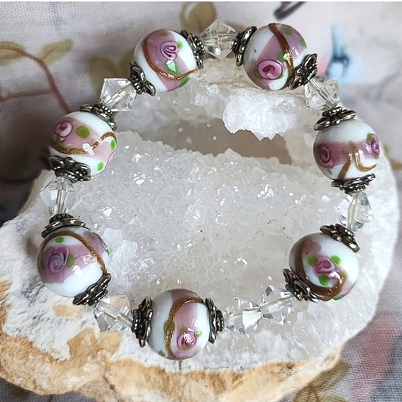 Murano Glass Green Cactus Colorful Flower Lampwork Raised Beads Stretch Bracelet - Picture 14 of 14